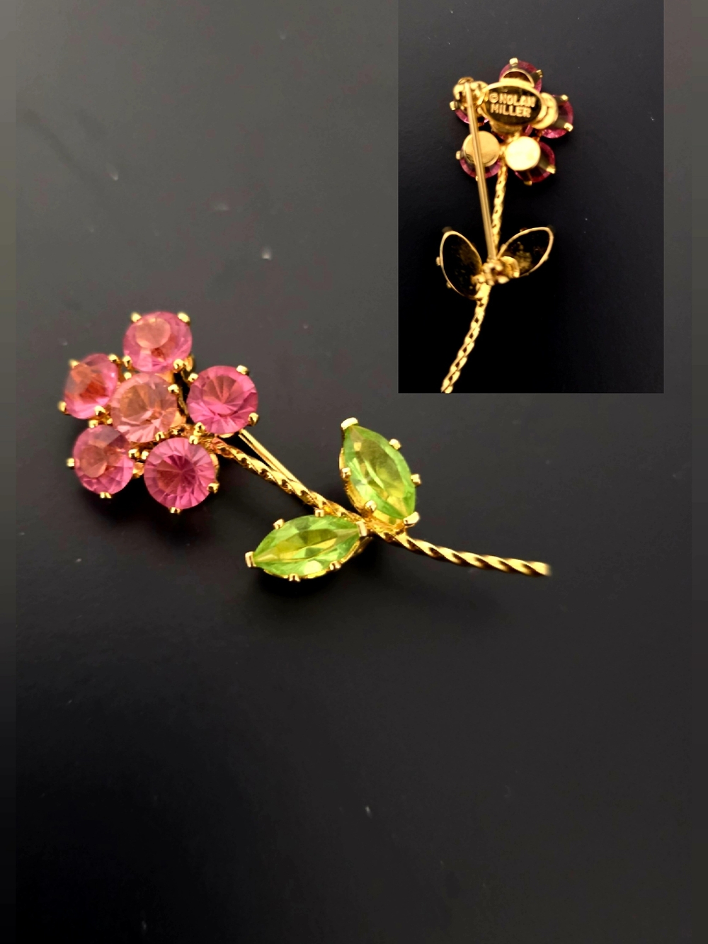 Nolan Miller Gold Floral Brooch with Pink and Green Crystals